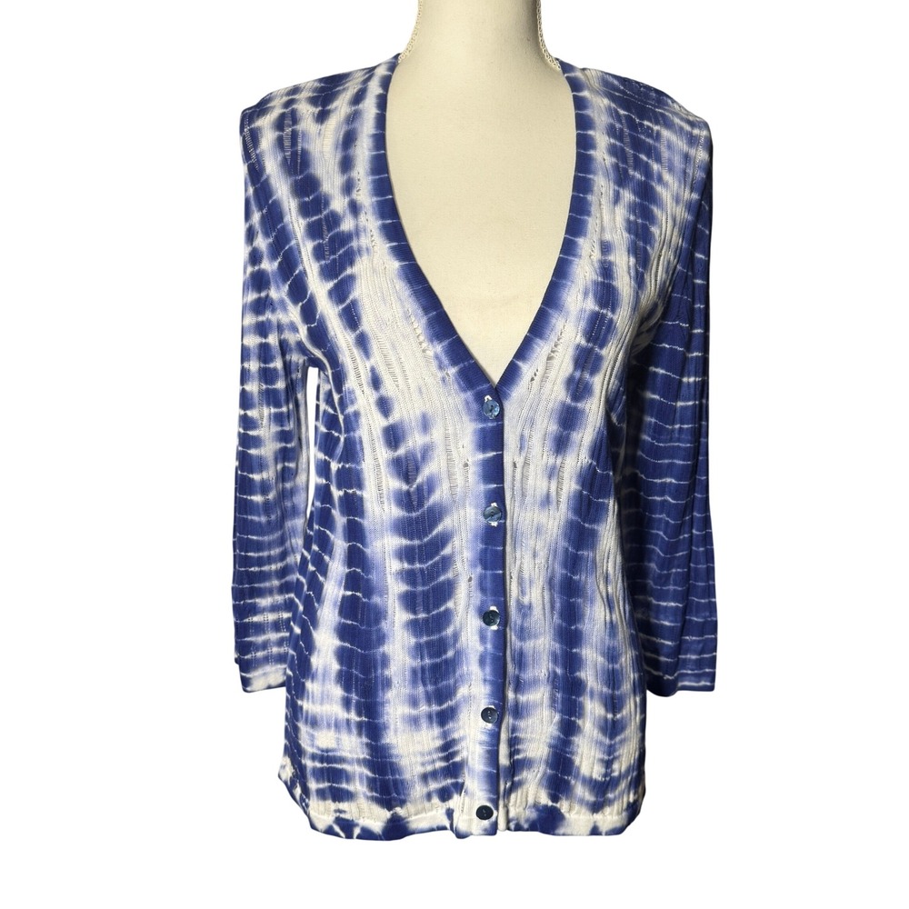 Chicos Tie Dye Shadow Cardigan Sweater Loyal Blue White‎ Cotton Chico's 1 /M NWT